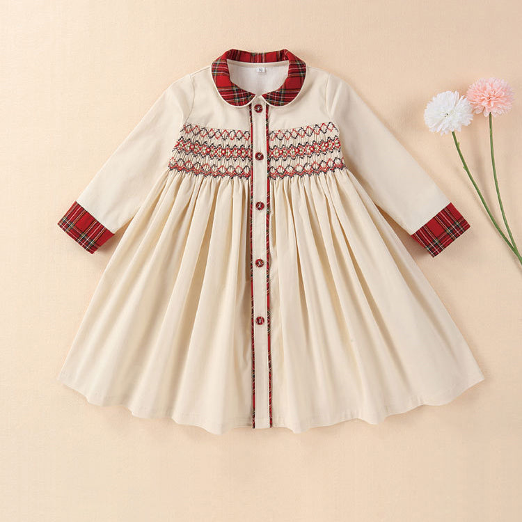 Dress Girls Retro Western Style Embroidered Plaid Skirt Female Treasure Pure Cotton Long Sleeves